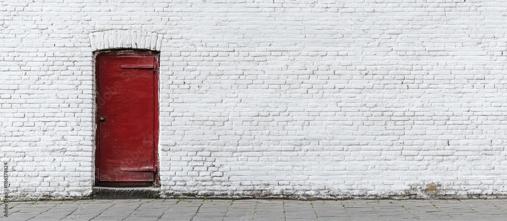 Poster white brick wall with a bold red door creating a visual contrast showcasing architectural detail and