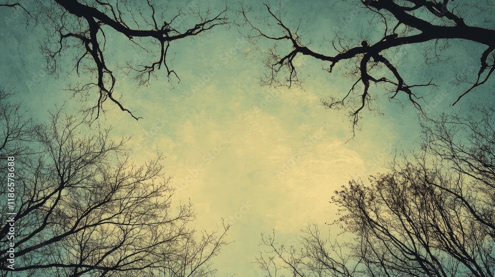 Aufkleber Abstract nature background featuring barren trees framing a cloudy sky in a vintage style creating a serene and tranquil atmosphere.