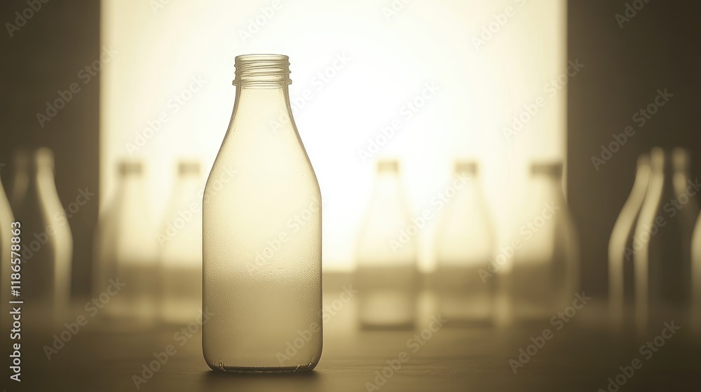 Aufkleber Silhouette of a Transparent Bottle Container with Backlighting Against a Softly Lit Background