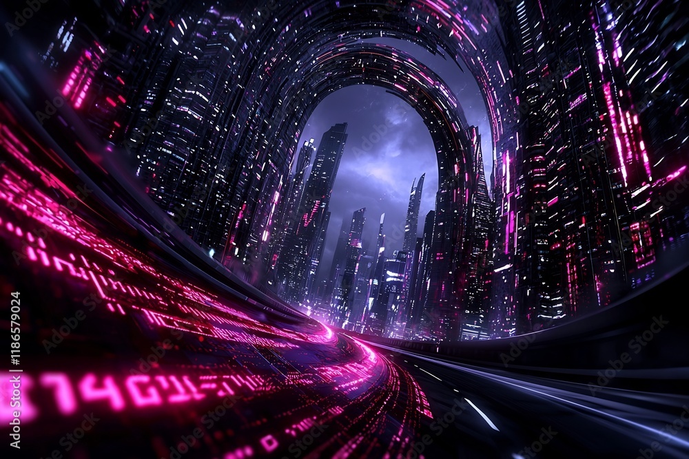 Poster hypnotic flow of illuminated particles dances across a futuristic digital metropolis where pulsing a