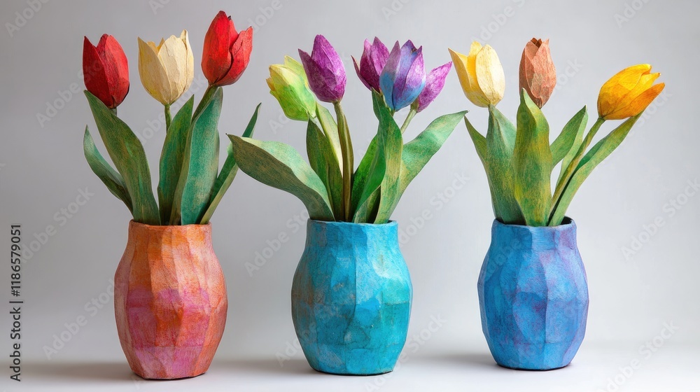 Poster handmade paper tulips in colorful vases creating a vibrant decorative display for home decor and art