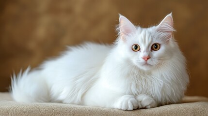 Elegant Turkish Angora cat with luxurious white fur resting gracefully on a soft surface showcasing its striking golden eyes and serene expression.