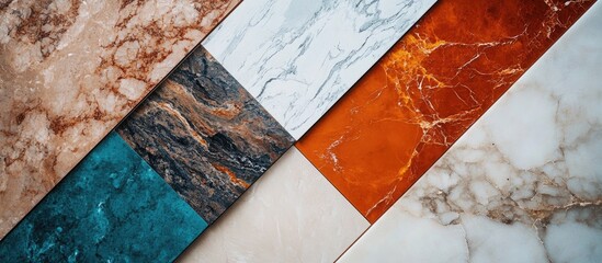 Modern natural stone countertop samples showcasing diverse colors and textures for interior design inspiration and home renovation ideas.