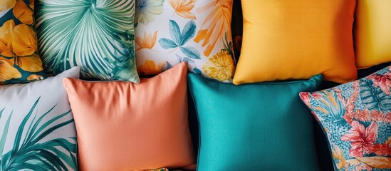 Colorful fabric samples featuring tropical patterns on pillows, perfect for enhancing interior design and decor projects.
