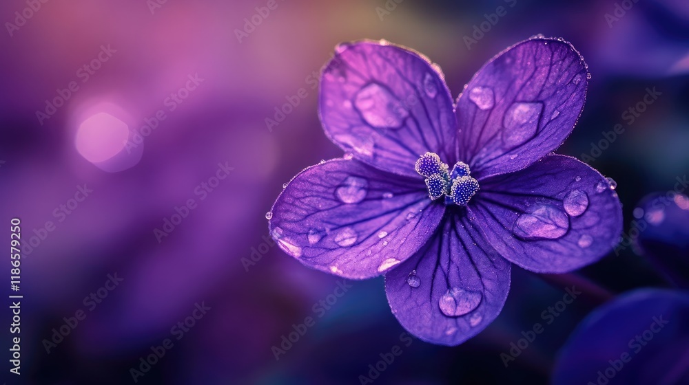 Poster Macro photography of a violet flower with water droplets showcasing delicate textures and vibrant colors in a soft gradient background.