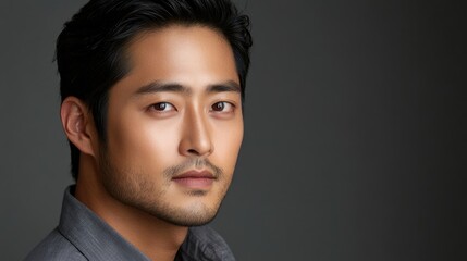 Obraz premium Close up portrait of a young Asian man in a grey shirt with slicked back hair on a neutral background ideal for copy space or advertising