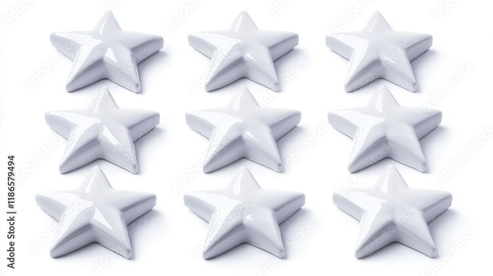 Poster set of nine glossy white star shapes arranged in a grid on a clean white background ideal for awards