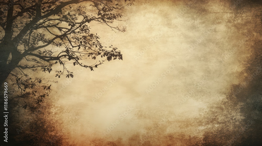 Poster vintage textured background with smoky effects and silhouetted branches for artistic and nostalgic d