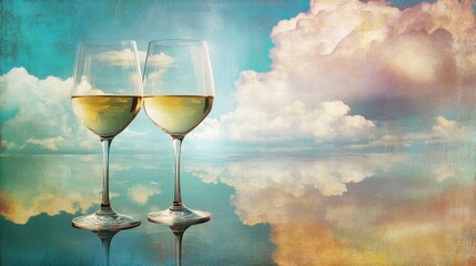 Elegant white wine glasses reflecting serene clouds in a dreamy atmospheric setting perfect for hospitality and culinary themes.