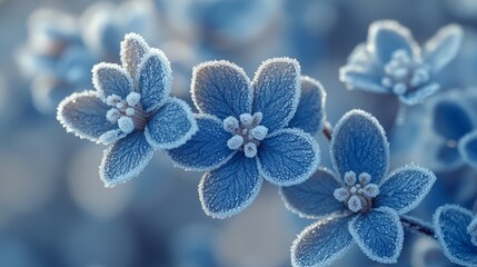 Bright blue blossoms, adorned with frost, sparkle under soft morning light, highlighting nature's exquisite artistry in a tranquil winter landscape