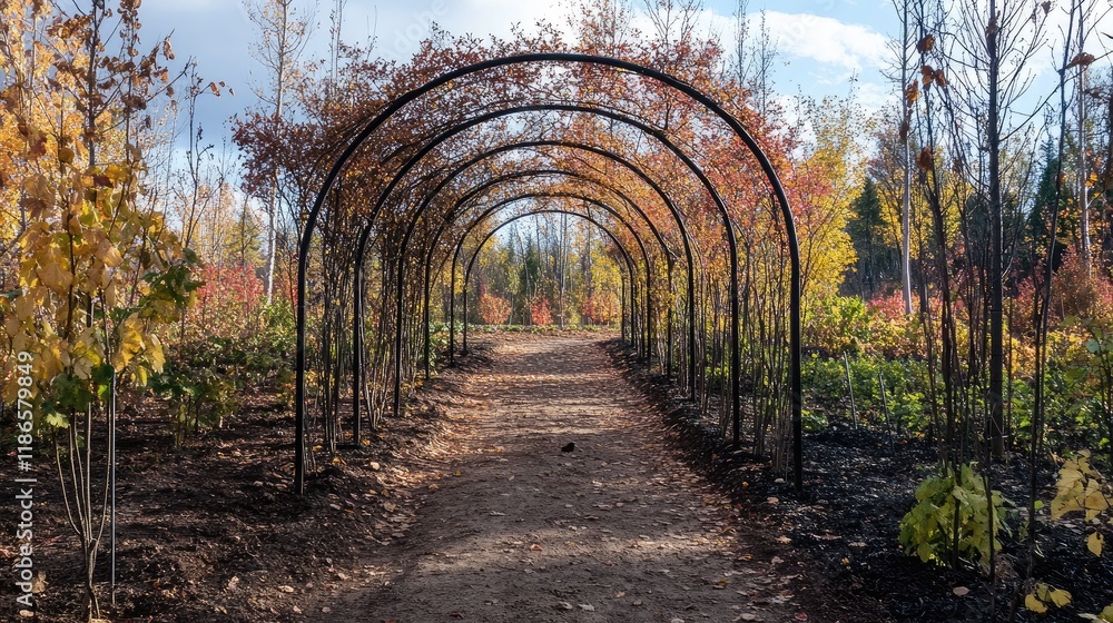 Poster autumn tree tunnel creating a scenic archway over a serene dirt path in a colorful landscape