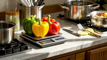 Digital scale with fresh vegetables on a kitchen counter, showcasing healthy eating habits and precise portion control for a balanced diet.