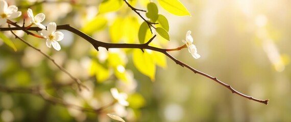 Fototapeta premium Sunlit branch with white blossoms and lush green leaves in a natural background