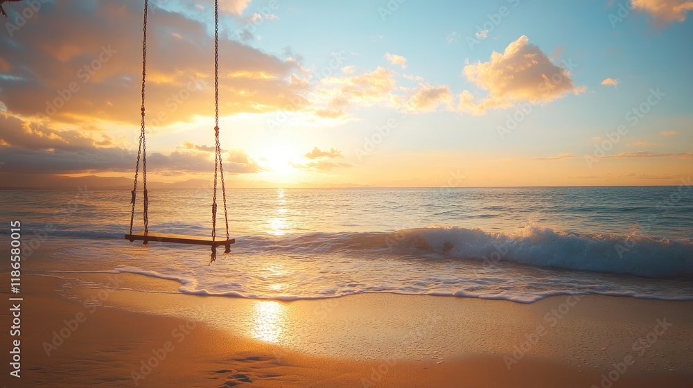 Poster sunset beach scene with a swing hanging from a branch gentle waves and golden hues creating a tranqu