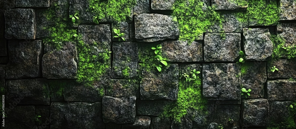 Poster weathered stone wall adorned with lush green moss perfect for historical architecture or rustic desi