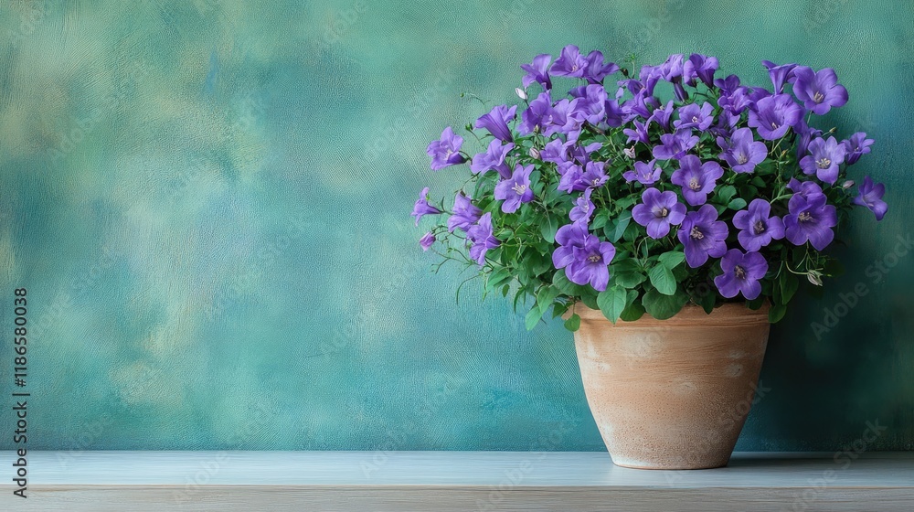 Aufkleber violet campanula flowers in clay pot on wooden shelf with green textured wall background and ample c
