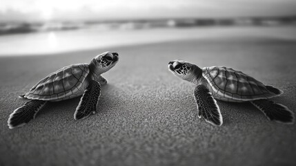 Two baby turtles exploring a sandy beach landscape by the ocean under a gentle sunlight in black and white tones