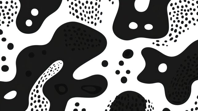 Abstract black and white pattern with organic shapes and dots.