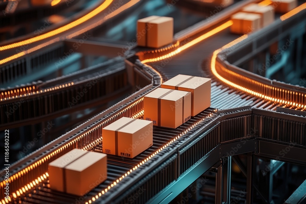 Poster efficient automated distribution system with conveyors and packages traversing a modern logistics wa