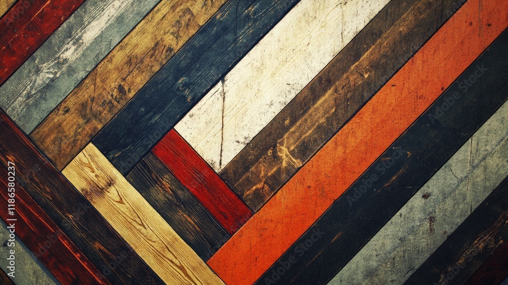 Poster Rustic wooden texture background featuring colorful planks arranged in a diagonal pattern ideal for vintage and artistic designs