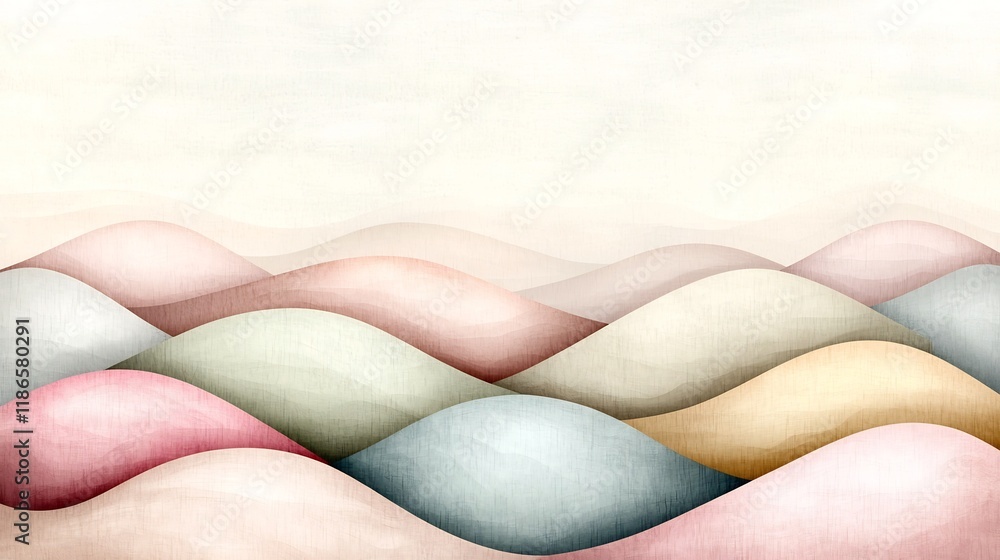 Poster serene and delicate pastel landscape with a soft gradient blending from pink to beige hues featuring