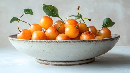 Premium golden cherries fill rustic ceramic bowl, showcasing plump, glossy fruit adorned with green leaves against white background in elegant food styling composition.