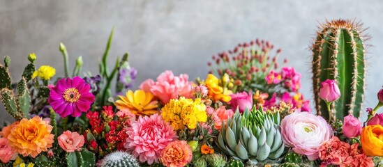 Vibrant display of diverse flower varieties with a striking cactus ideal for botanical enthusiasts and nature lovers in a natural setting
