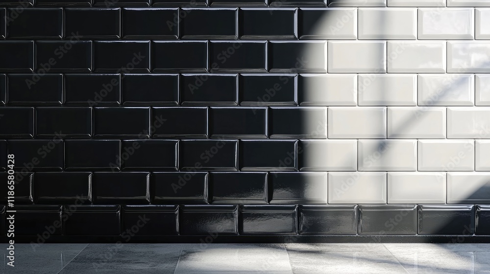 Poster glossy subway tile wall design in black and white with dynamic shadow play on a modern interior back