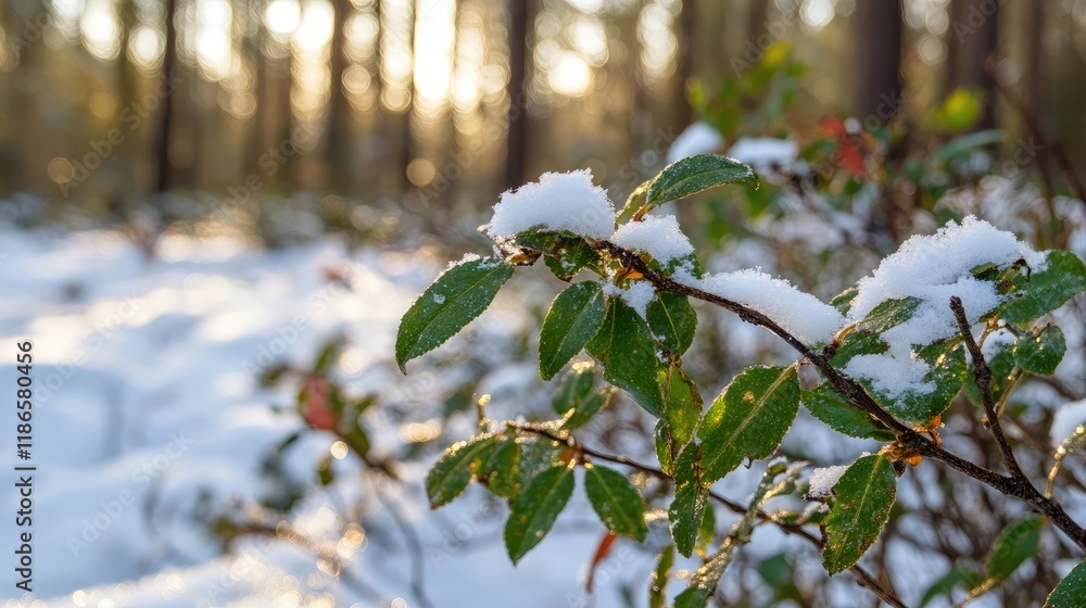 Poster snowy forest scene with covered bushes and snow-dusted branches illuminated by soft sunlight through