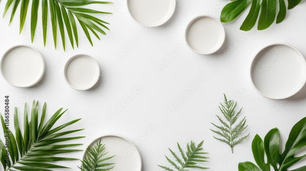 Poster stylish flat lay composition with white bowls and fresh greenery on minimalist studio backdrop