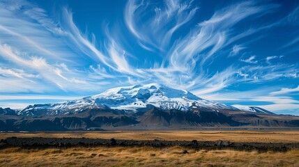 A snow-capped mountain range with glaciers, surrounded by a deep blue sky and wispy clouds.