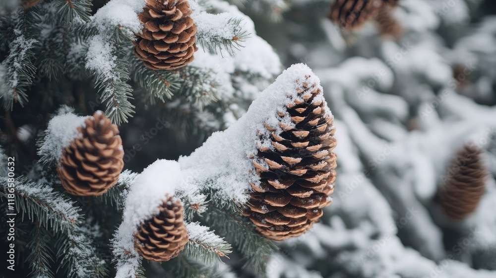 Poster winter scene featuring snow-covered fir branches and pine cones in a tranquil forest setting with a 