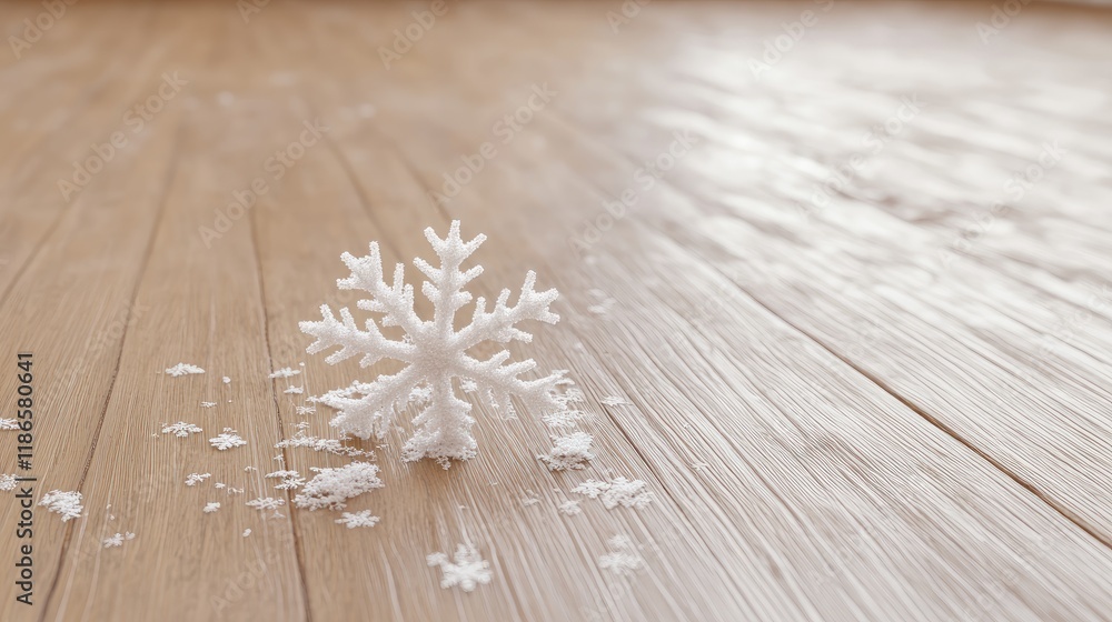 Poster snowflake on wooden floor with empty space in a winter setting ideal for seasonal themes and holiday