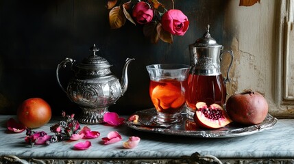 Fototapeta premium Turkish Delight Hot Tea with Persimmons and Roses on a Silver Dish Elegant Still Life Composition