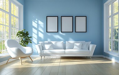 Sunny living room, white sofa, armchair, blue walls, relaxing interior design, home decor