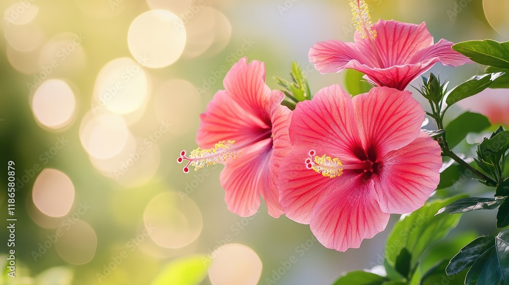 Poster vibrant close-up of blooming red and pink hibiscus flowers with a soft blurred background creating a