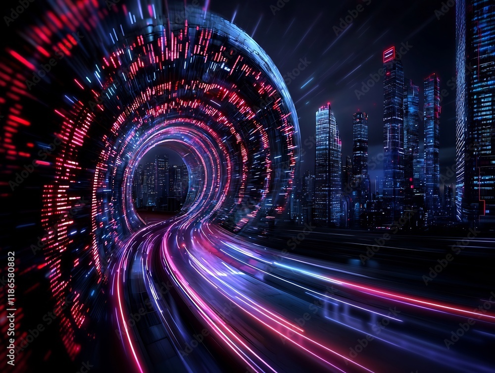 Poster luminous urban landscape enveloped in a dazzling energy field with abstract data patterns bold color