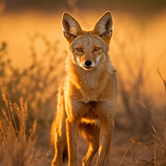 Fototapeta premium Capturing the Spirit of the Wild: An Alarmed Jackal in its Natural Wilderness Habitat at Sunset