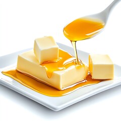 Delicious butter cubes drizzled with golden syrup for a tempting culinary image.
