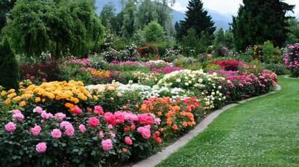 Lush rose garden in full bloom showcasing a colorful array of flowers against a serene landscape backdrop with majestic mountains.