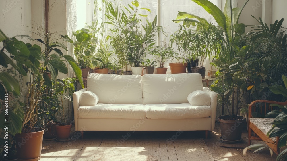 Poster cozy white sofa in an indoor studio filled with lush potted plants and natural light creating a sere