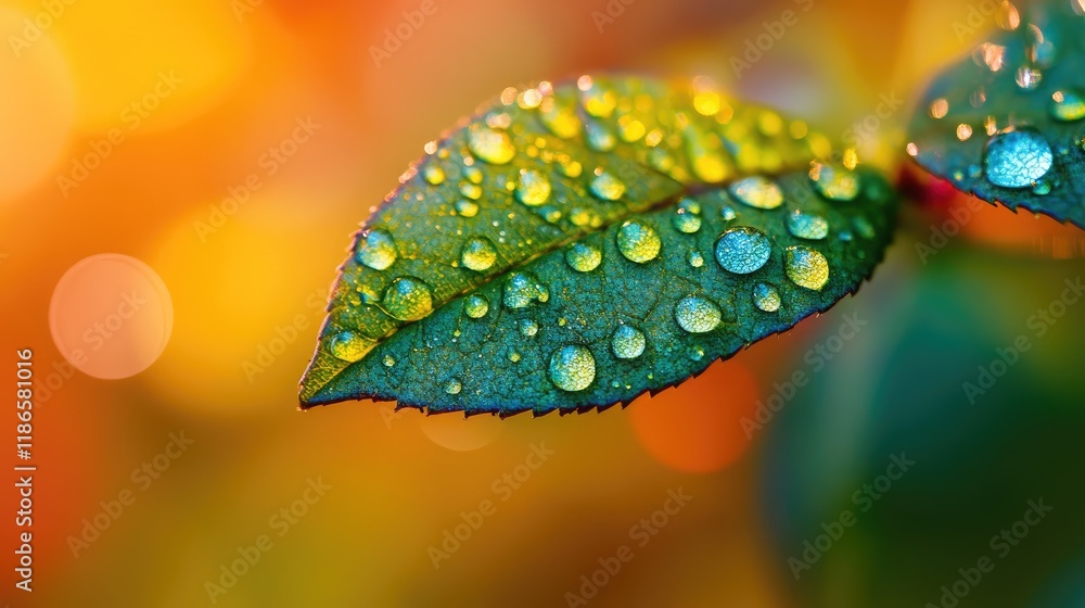 Poster colorful water droplets on leaf with soft orange background and blurred bokeh effect