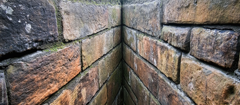 Aufkleber Abstract perspective of converging brick walls at a sharp corner creating a textured and intriguing background for creative designs.