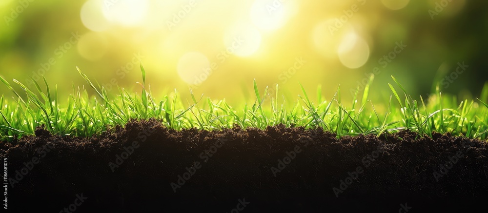 Poster Vibrant grass blades on dark soil with a glowing golden light backdrop creating an inviting space for text or design elements
