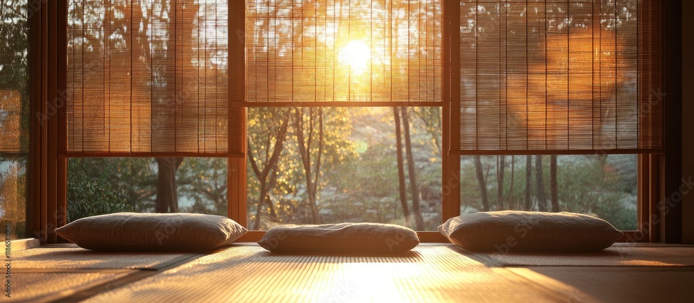 Poster cozy ambiance created by warm evening sunlight filtering through bamboo window blinds in a tranquil 