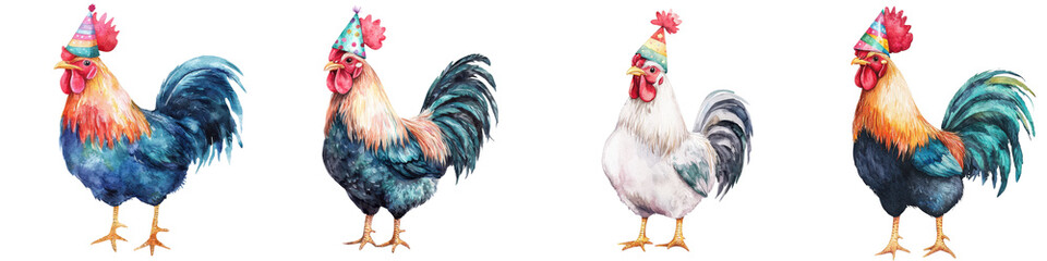 Fototapeta premium of Colorful Rooster and Chicken Characters in Vibrant Farmyard or Countryside Background Graphic Depiction of Domestic Poultry Birds with Feathers Combs and Beaks as Creative Design Elements