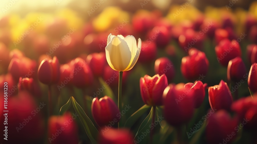 Poster serene tulip field at sunset featuring vibrant red and delicate white tulips creating a stunning flo