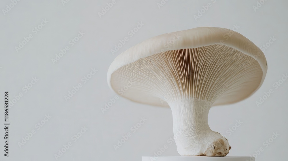 Poster aesthetic close-up of white shelf mushroom showcasing its gills and natural texture against a minima
