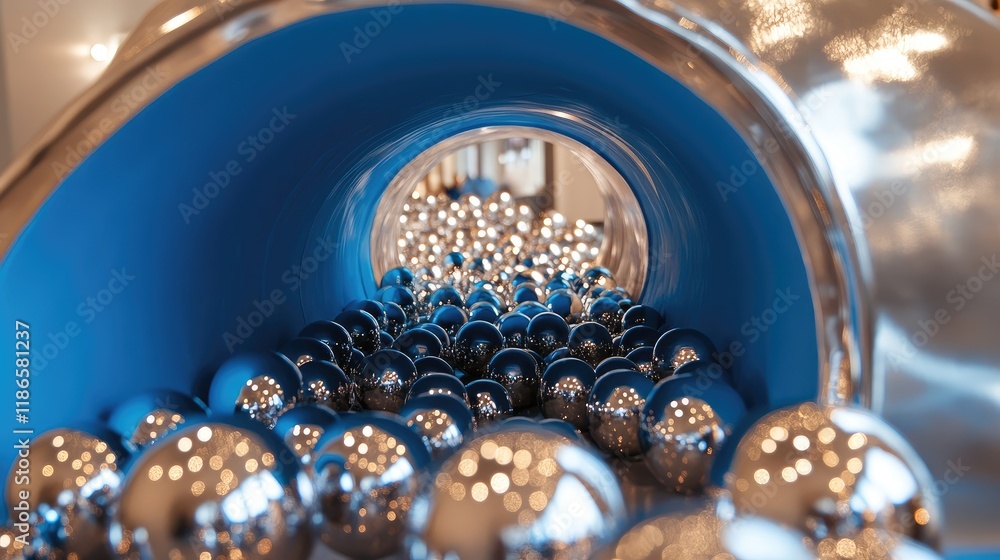 Poster tunnel of reflective metallic balls with vibrant blue scoop creating a playful and modern display in