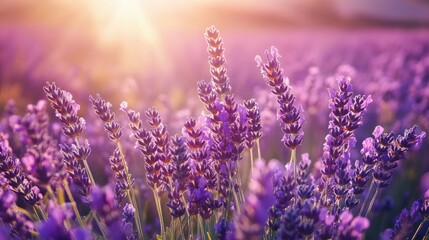 Naklejka premium Vibrant lavender field at sunset with soft sunlight illuminating blooming flowers in a serene natural landscape